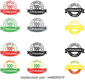 Made in Lithuania collection of ribbon, label, stickers, badge, icon and page curl with Lithuania flag symbol. Vector illustration isolated on white background.  Stamp with Made in Lithuania text.