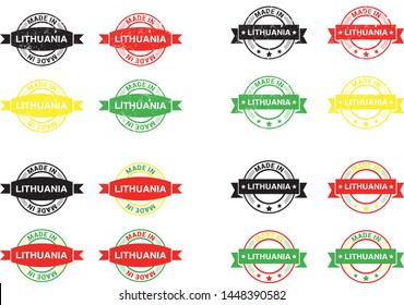 Made in Lithuania collection of ribbon, label, stickers, badge, icon and page curl with Lithuania flag symbol. Vector illustration isolated on white background.  Stamp with Made in Lithuania text.