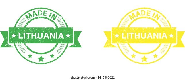 Made in Lithuania collection of ribbon, label, stickers, badge, icon and page curl with Lithuania flag symbol. Vector illustration isolated on white background.  Stamp with Made in Lithuania text.