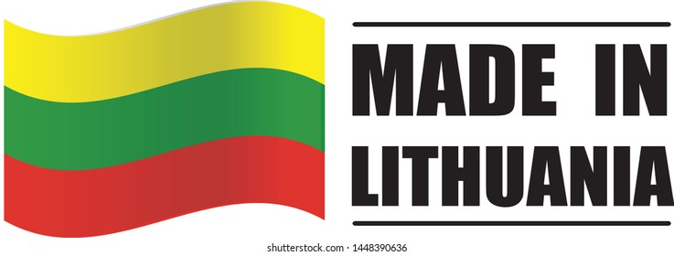 Made in Lithuania collection of ribbon, label, stickers, badge, icon and page curl with Lithuania flag symbol. Vector illustration isolated on white background.  Stamp with Made in Lithuania text.