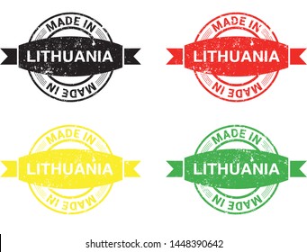 Made in Lithuania collection of ribbon, label, stickers, badge, icon and page curl with Lithuania flag symbol. Vector illustration isolated on white background.  Stamp with Made in Lithuania text.
