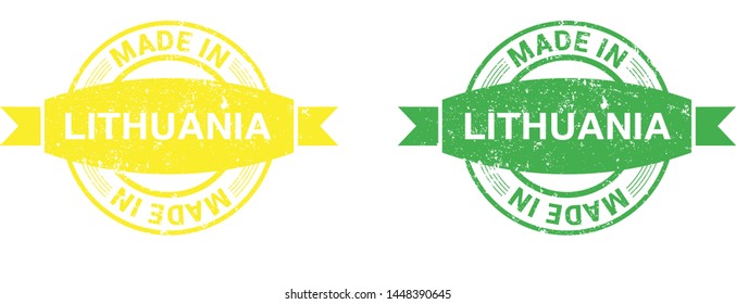 Made in Lithuania collection of ribbon, label, stickers, badge, icon and page curl with Lithuania flag symbol. Vector illustration isolated on white background.  Stamp with Made in Lithuania text.