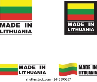 Made in Lithuania collection of ribbon, label, stickers, badge, icon and page curl with Lithuania flag symbol. Vector illustration isolated on white background.  Stamp with Made in Lithuania text.