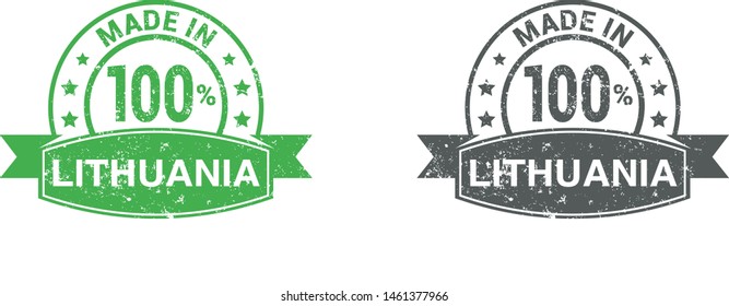 Made in Lithuania collection of ribbon, label, stickers, badge, icon and page curl with Lithuania flag symbol. Vector illustration isolated on white background.  Stamp with Made in Lithuania text.