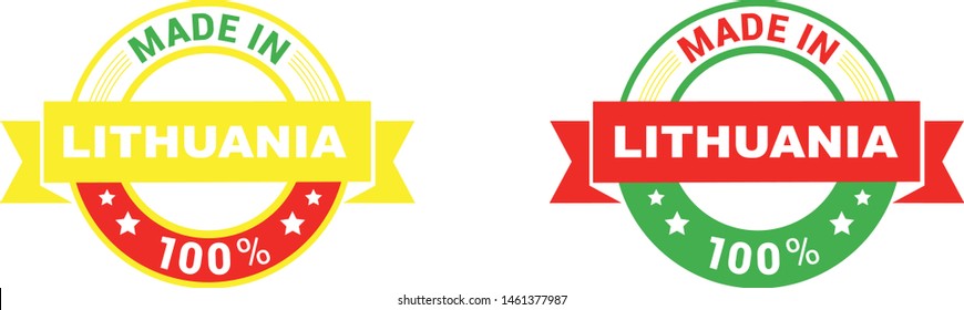 Made in Lithuania collection of ribbon, label, stickers, badge, icon and page curl with Lithuania flag symbol. Vector illustration isolated on white background.  Stamp with Made in Lithuania text.