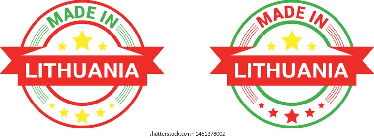 Made in Lithuania collection of ribbon, label, stickers, badge, icon and page curl with Lithuania flag symbol. Vector illustration isolated on white background.  Stamp with Made in Lithuania text.