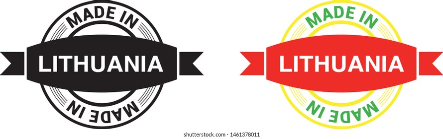 Made in Lithuania collection of ribbon, label, stickers, badge, icon and page curl with Lithuania flag symbol. Vector illustration isolated on white background.  Stamp with Made in Lithuania text.