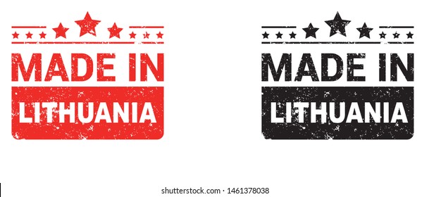 Made in Lithuania collection of ribbon, label, stickers, badge, icon and page curl with Lithuania flag symbol. Vector illustration isolated on white background.  Stamp with Made in Lithuania text.