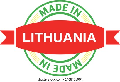 Made in Lithuania collection of ribbon, label, stickers, badge, icon and page curl with Lithuania flag symbol. Vector illustration isolated on white background.  Stamp with Made in Lithuania text.