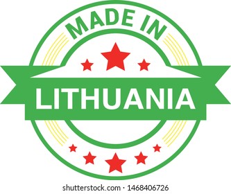 Made in Lithuania collection of ribbon, label, stickers, badge, icon and page curl with Lithuania flag symbol. Vector illustration isolated on white background.  Stamp with Made in Lithuania text.
