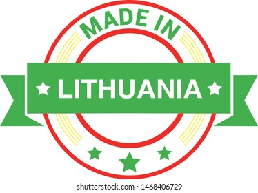 Made in Lithuania collection of ribbon, label, stickers, badge, icon and page curl with Lithuania flag symbol. Vector illustration isolated on white background.  Stamp with Made in Lithuania text.