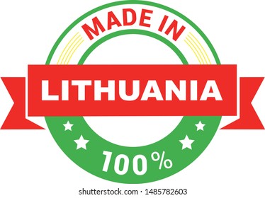 Made in Lithuania collection of ribbon, label, stickers, badge, icon and page curl with Lithuania flag symbol. Vector illustration isolated on white background.  Stamp with Made in Lithuania text.
