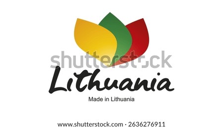 Made in Lithuania logo, sticker. Abstract Lithuania flag and ribbon in shape of leaf flower with handwritten typography lettering