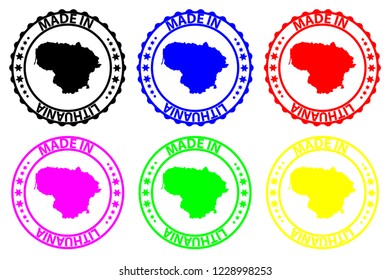 Made in Lithuania - rubber stamp - vector, Lithuania map pattern - black, blue, green, purple, yellow and red