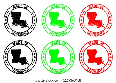 Made in Louisiana - rubber stamp - vector, Louisiana (United States of America) map pattern - black, green and red