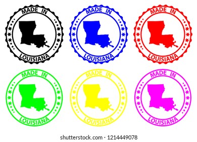 Made in Louisiana - rubber stamp - vector, Louisiana (United States of America) map pattern - black, blue, green, yellow, purple and red