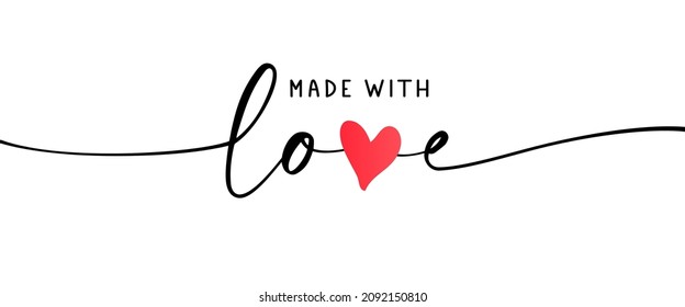 Made with love calligraphy with heart. Hand drawn black line text. Ink vector inscription isolated on white background. Lettering for your handcrafted goods, product, shop, tags, labels