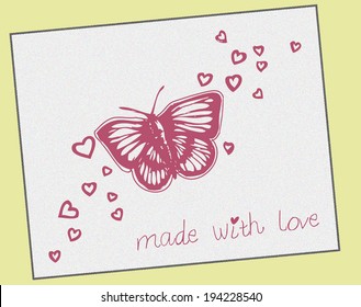 Made with love card with butterfly and hearts, natural, cute and vintage label, tag for handmade design