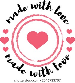 Made with Love circular emblem. Circular heart pattern with 'Made with Love' script. Perfect for handmade product branding, gifting labels, and craft packaging. Vector illustration