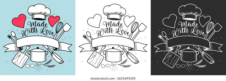 Made With Love cooking logo design, kitchen tools vector set in 3 colors
