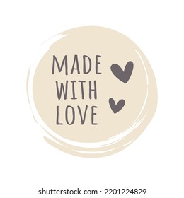 Hecho con la etiqueta de mancha de taza de amor. Insignia hecha a mano por vectores con corazón.