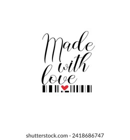 Hecha con amor lindas filtraciones con código de barras y corazón rojo aislado en fondo blanco. Diseño romántico de tarjetas de vacaciones. Ilustración vectorial.