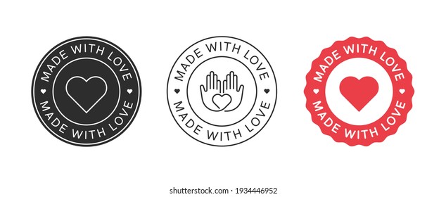 Made With Love Emblems. Handcrafted Icon Signs. Handmade Label Badges Vector Design.