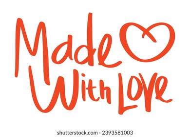 Made with love hand drawn calligraphy. Modern vector ink illustration. Brush calligraphy. Isolated on white background. Made with love lettering with heart symbol. Lettering for your handcrafted goods