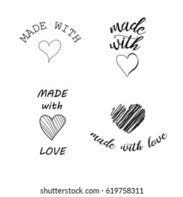 made with love hand lettering with hearts. Vector set of design elements. 