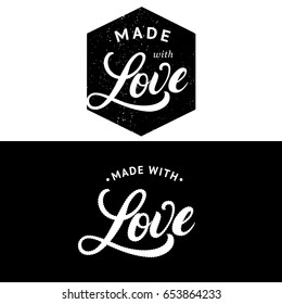 Made with Love hand written lettering label, badge. Modern brush calligraphy. Sign for knitwear company, sewing workshop, handmade artist. Isolated on background. Vector illustration.