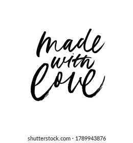 Made with love lettering for handcrafted goods. Hand drawn black brush calligraphy. Ink vector inscription isolated on white background. Stylish logo for your product, shop, tags, labels, banners. 