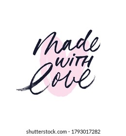 Made with love lettering for handcrafted goods. Hand drawn black brush calligraphy with heart symbol. Ink vector inscription isolated on white background. Stylish logo for your product, tags. 