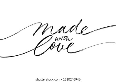 Made with love lettering for handcrafted goods. Hand drawn black line calligraphy with swooshes. Ink vector inscription isolated on white background. Stylish logo for your product, tags. 