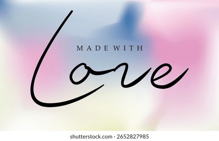 Feito com letras de amor com um símbolo de coração. Linhas de caligrafia pretas desenhadas à mão. Inscrição isolada em vetor de tinta. Lettering para seus artigos feitos à mão, produtos, lojas, etiquetas, labels.eps8