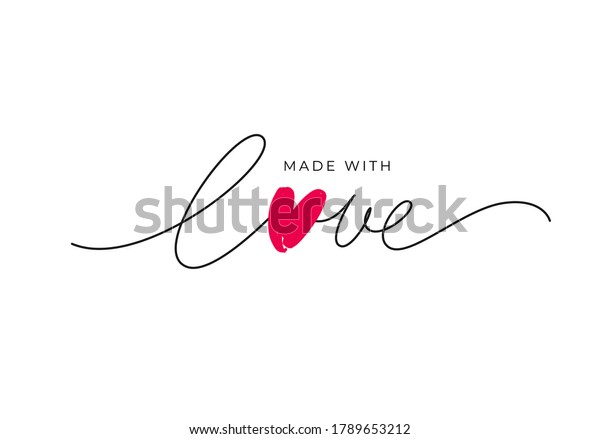 Made with love lettering with heart symbol. Hand
drawn black line calligraphy. Ink vector inscription isolated on
white background. Lettering for your handcrafted goods, product,
shop, tags, labels