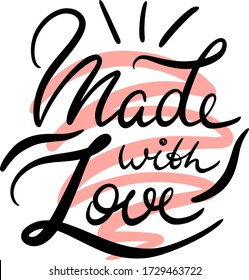 made with love on the background of a red squiggle in the style of the lettering, handwritten, for a hand made gift, label, banner, poster, poster, bag, sticker, notebook, magazine 