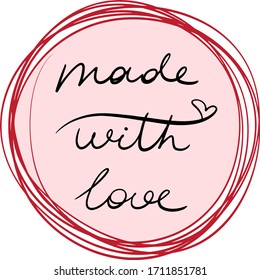 made with love on a red background in an elegant circle in the style of lettering, design, decor for decoration Hand Made things, labels, tags, boxes, bags, banners, posters,