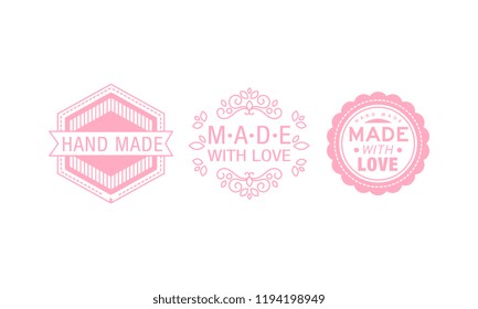 Fabricado con logotipo rosa amado, insignias, etiquetas, etiquetas para productos hechos a mano vectorial Ilustración en fondo blanco