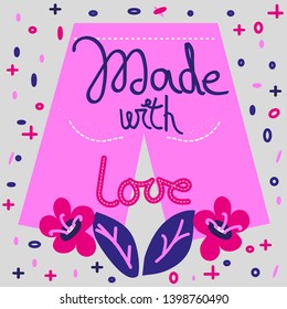 Made with love quote hand drawn dark blue and cute pink color, lettering. Decorative elements in scandinavian style. Vector drawing for banner, poster, t-shirt, textile, card.