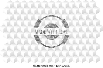 Made With Love retro style grey emblem with geometric cube white background