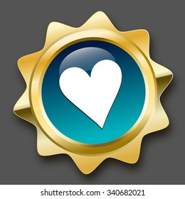 made with love seal or icon with heart symbol. Glossy golden seal or button with turquoise color.