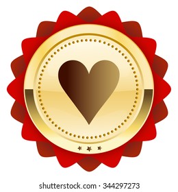 made with love seal or icon with heart symbol. Glossy golden seal or button with red color.