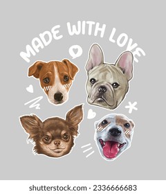made with love slogan with cute dog faces ,vector illustration for t-shirt.