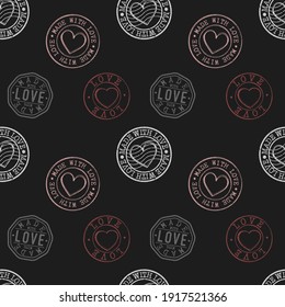 Made With Love Stamp Pattern. Traditional Hand Crafted Seamless Background Symbols. Silhouette Seal Hearth Vector.