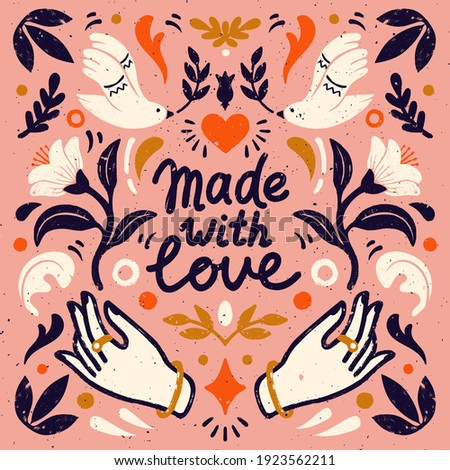 Made with love symmetric vector composition - vintage elements in stamp style on pink backgtound. Vintage vector illustration for banners and cards