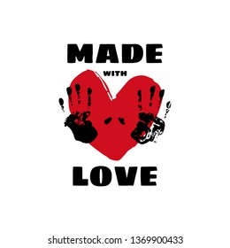 Made with love. T shirt print with lettering and hand drawn red heart with arm stamp on white background. Valentine day handmade poster, banner, greeting card design