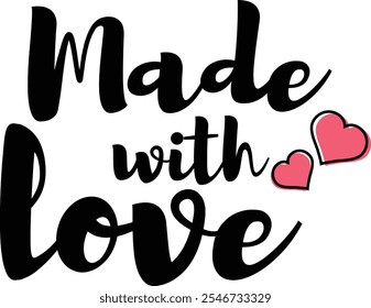 Made with Love textt.  Playful script with heart elements, Made with Love phrase. Ideal for illustrating care, personalized items, DIY crafts, and romantic messages. Vectori illustration. 