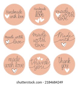 Made with love, thank you hand drawn labels. Lettering with heart symbol. Inscription for badges, tags or stickers. Vector illustration