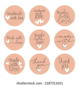 Made with love, thank you hand drawn labels. Lettering with heart symbol. Inscription for badges, tags or stickers. Vector illustration