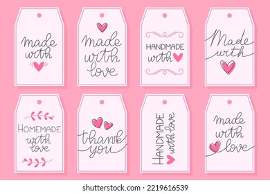 Made with love, thank you hand drawn labels. Lettering with heart symbol. Inscription for badges, tags or stickers. Vector illustration
